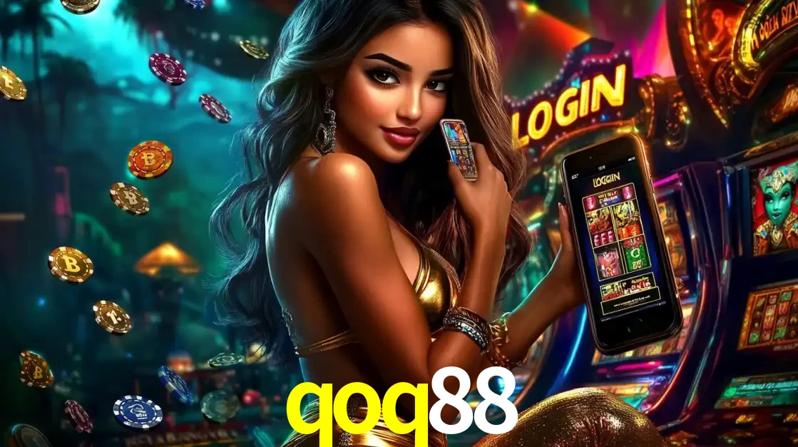 Mulher em um cenário de cassino temático de aventura, mostrando o app de caça-níqueis da qoq88 no celular. Fichas de apostas flutuam ao redor.