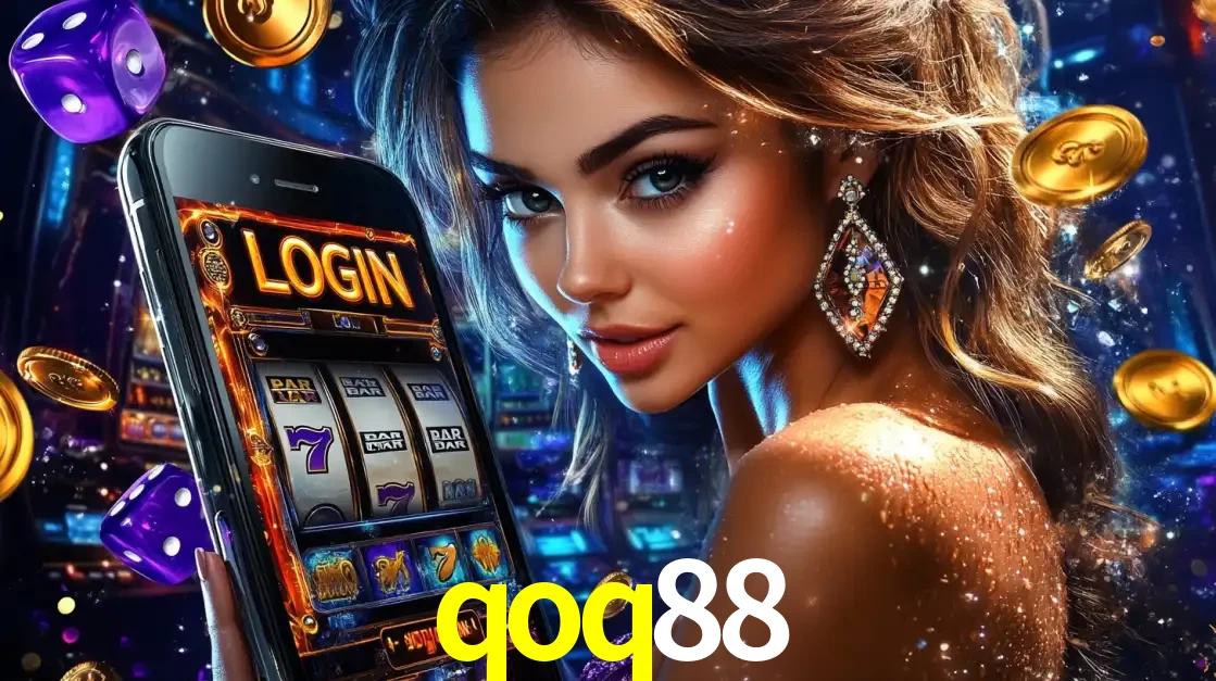 Mulher glamorosa segurando um smartphone com a tela de login para os jogos de caça-níqueis do cassino online qoq88, com moedas de ouro e dados ao redor.