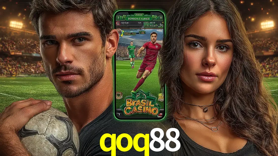 Homem segurando uma bola de futebol e uma mulher ao lado de um smartphone exibindo o jogo de apostas esportivas da qoq88. Faça seu palpite no cassino online.